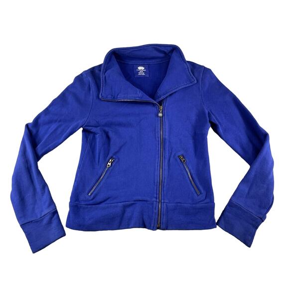 Roots Yoga Sweater Womens Medium Blue Full Zip Pockets Long Sleeve Collar - Picture 1 of 9